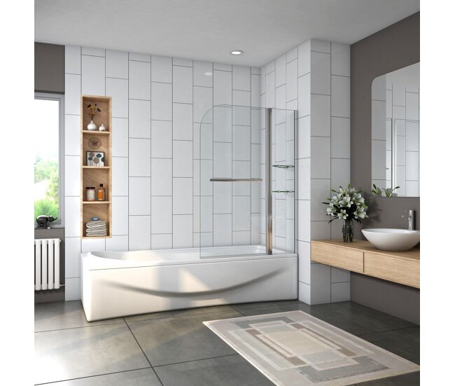 Mampara de bañera abatible giratoria vidrio templado 6 mm con 2 repisas y un toallero,cromado,(99.5-100)x140cm
