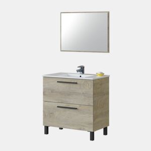 Móvel de casa de banho Athena 80 2 gavetas + espelho, duehome, Roble Alaska (ancho), Mueble: 80cm Espejo: 80cm