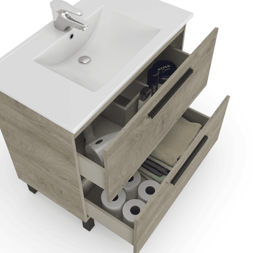 Móvel de casa de banho Athena 80 2 gavetas + espelho, duehome, Roble Alaska (ancho), Mueble: 80cm Espejo: 80cm