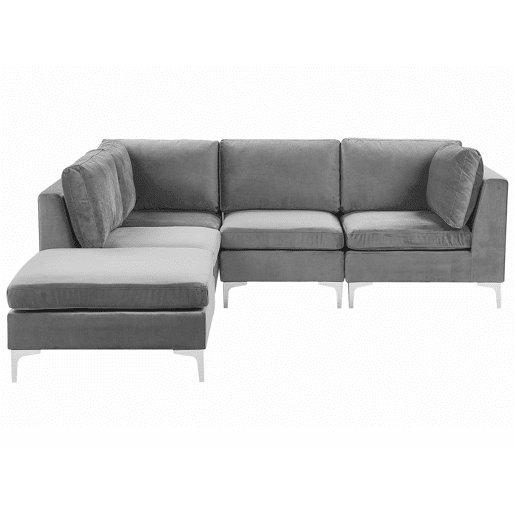 Sofá de canto modular EVJA Veludo Cinzento com repousa-pés 4 lugares à direita