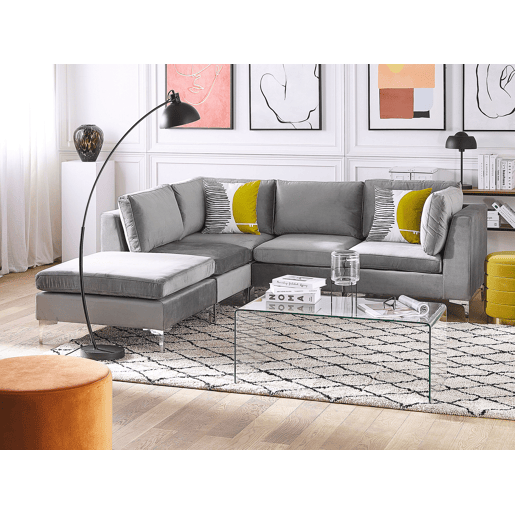 Sofá de canto modular EVJA Veludo Cinzento com repousa-pés 4 lugares à direita
