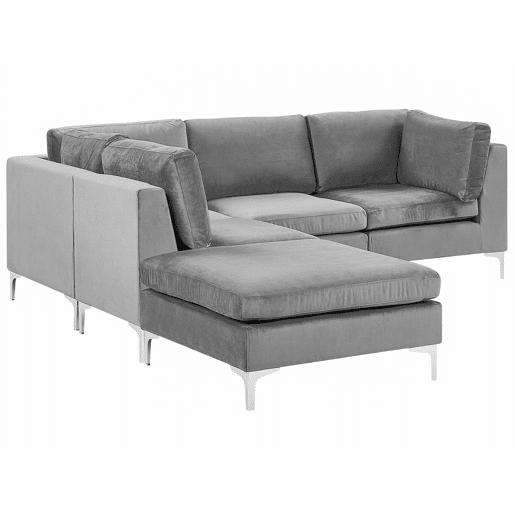 Sofá de canto modular EVJA Veludo Cinzento com repousa-pés 4 lugares à direita
