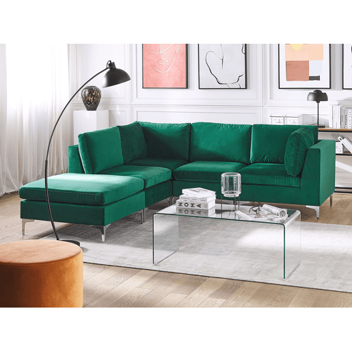 Sofá de canto modular EVJA Veludo Verde com repousa-pés 4 lugares à direita