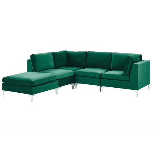 Sofá de canto modular EVJA Veludo Verde com repousa-pés 4 lugares à direita