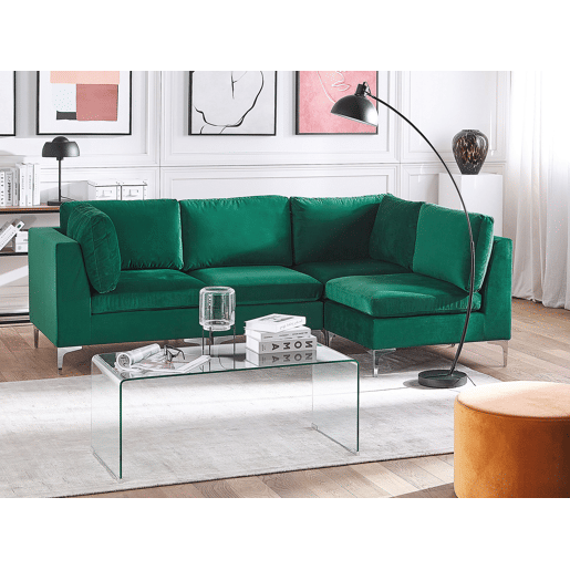 Sofá de canto modular EVJA Veludo Verde 4 lugares à esquerda Sofá de canto modular EVJA Veludo Verde 4 lugares à esquerda