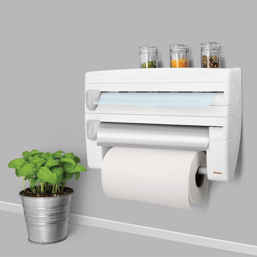 Dispensador de rolos de cozinha Metaltex ROLL&ROLL. Acabamento em plástico. Cor branca