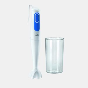 Minipimer MQ3000WH Smoothie Arm Blender da Braun. À prova de salpicos. Sistema Easy Click. 700 W. 600 ml. Cor Branco e Azul