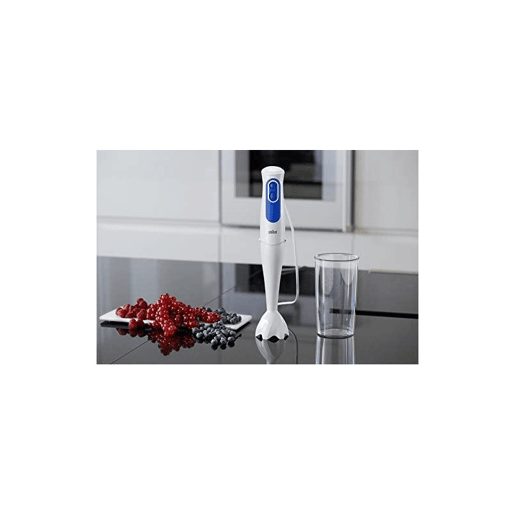 Minipimer MQ3000WH Smoothie Arm Blender da Braun. À prova de salpicos. Sistema Easy Click. 700 W. 600 ml. Cor Branco e Azul