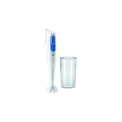 Minipimer MQ3000WH Smoothie Arm Blender da Braun. À prova de salpicos. Sistema Easy Click. 700 W. 600 ml. Cor Branco e Azul
