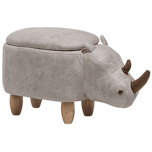 Tamborete animal com arrumação RHINO Pele sintética Cinzento claro