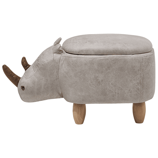 Tamborete animal com arrumação RHINO Pele sintética Cinzento claro