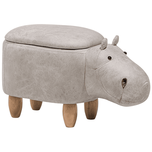 Tamborete animal com arrumação HIPPO Pele sintética Cinzento claro