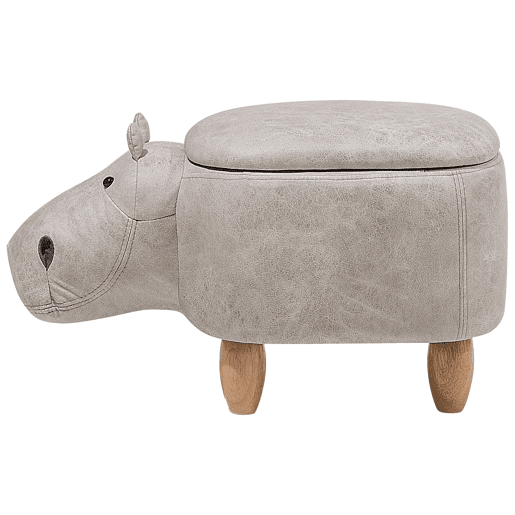 Tamborete animal com arrumação HIPPO Pele sintética Cinzento claro