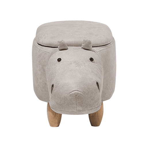 Tamborete animal com arrumação HIPPO Pele sintética Cinzento claro