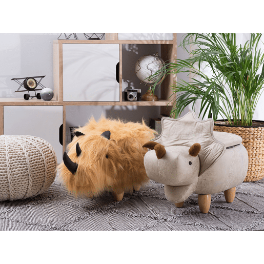 Tamborete animal com arrumação TRICERATOPS Tecido Cinzento claro