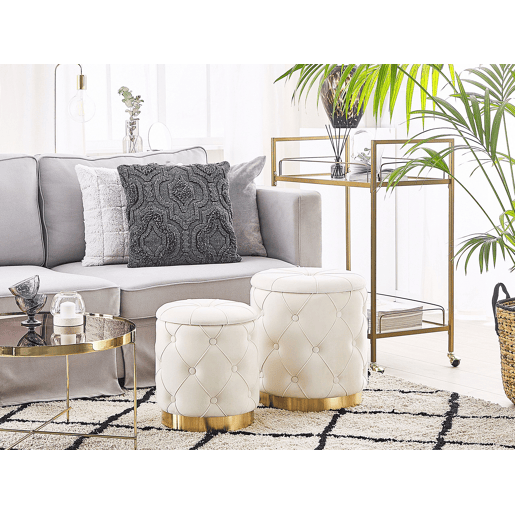 Conjunto de 2 tamboretes com arrumação PUEBLO Veludo Branco 4033 cm 4033 cm 4436 cm