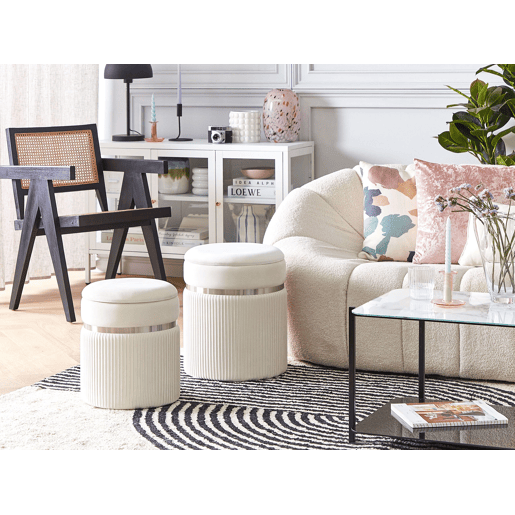 Conjunto de 2 tamboretes com arrumação CAMDENTON Veludo Branco creme 3631 cm 3631 cm 4438 cm