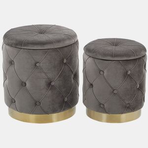 Conjunto de 2 tamboretes com arrumação PUEBLO Veludo Cinzento 4033 cm 4033 cm 4436 cm