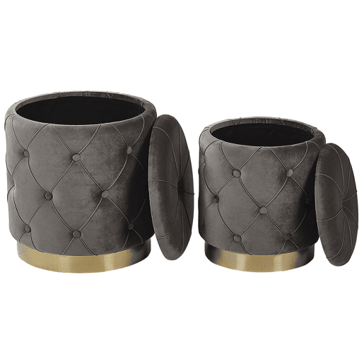 Conjunto de 2 tamboretes com arrumação PUEBLO Veludo Cinzento 4033 cm 4033 cm 4436 cm