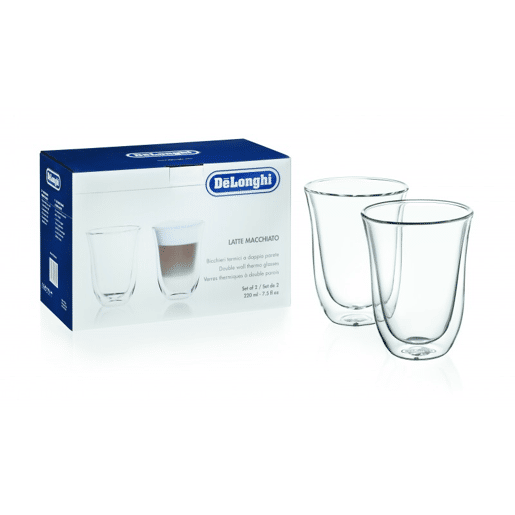 De'Longhi Conjunto de 2 chávenas para Latte Macchiato. Vidro temperado de parede dupla. Pode ser lavado na máquina de lavar louça. Transparente. 220 ml.