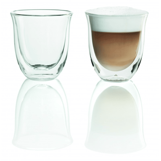Conjunto de 2 chávenas para Cappuccino De'Longhi. Vidro temperado de parede dupla. Pode ser lavado na máquina de lavar louça. Transparente. 190 ml.