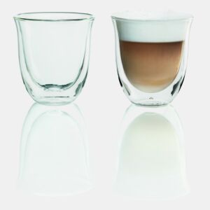 Conjunto de 2 chávenas para Cappuccino De'Longhi. Vidro temperado de parede dupla. Pode ser lavado na máquina de lavar louça. Transparente. 190 ml.