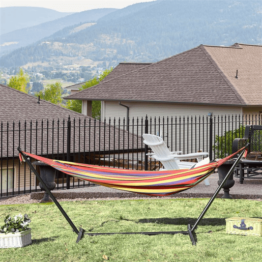 Outsunny Cama Rede com Suporte de Aço Portátil com Altura Ajustável em 6 Níveis com Bolsa de Transporte para Jardim Sala de Estar Carga Máxima 150kg 200x150cm Multicor