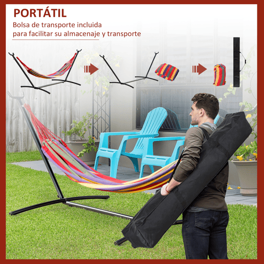 Outsunny Cama Rede com Suporte de Aço Portátil com Altura Ajustável em 6 Níveis com Bolsa de Transporte para Jardim Sala de Estar Carga Máxima 150kg 200x150cm Multicor