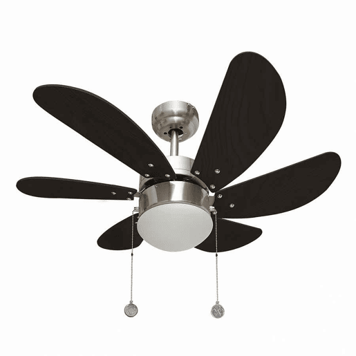 Ventilador de tecto em metal de cor níquel acetinado, o abajur é feito de vidro opalino e as 6 pás têm acabamento em wengué. Série akunadecor 85cm