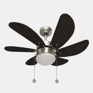 Ventilador de tecto em metal de cor níquel acetinado, o abajur é feito de vidro opalino e as 6 pás têm acabamento em wengué. Série akunadecor 85cm