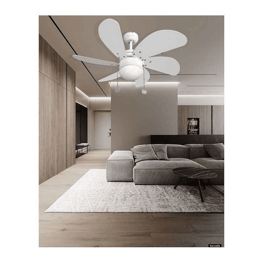 Ventilador de tecto em metal de cor níquel acetinado, o abajur é feito de vidro opalino e as 6 pás têm acabamento em wengué. Série akunadecor 85cm