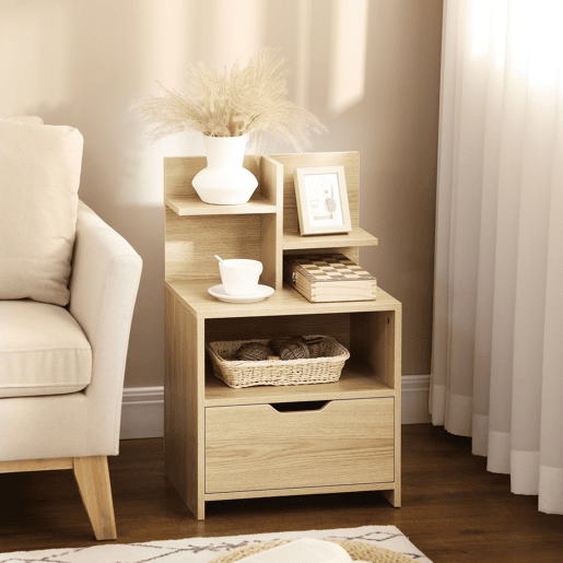 HOMCOM Mesa de Cabeceira de Madeira Mesa de Cabeceira Moderna com Gaveta e Prateleiras de Armazenamento Mesa Auxiliar para Sala de Estar Dormitório 45x35x73 cm Madeira