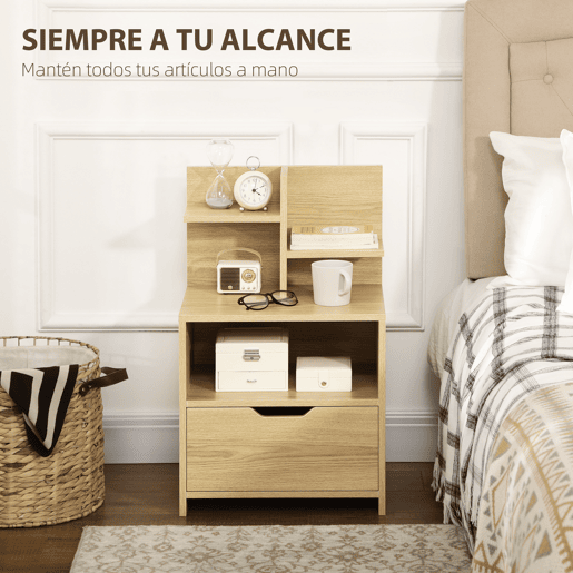 HOMCOM Mesa de Cabeceira de Madeira Mesa de Cabeceira Moderna com Gaveta e Prateleiras de Armazenamento Mesa Auxiliar para Sala de Estar Dormitório 45x35x73 cm Madeira