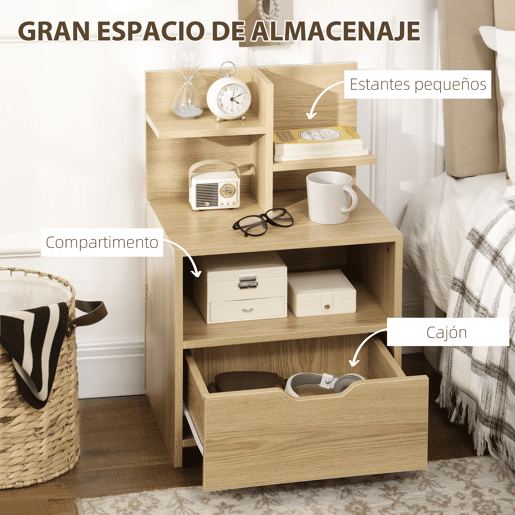 HOMCOM Mesa de Cabeceira de Madeira Mesa de Cabeceira Moderna com Gaveta e Prateleiras de Armazenamento Mesa Auxiliar para Sala de Estar Dormitório 45x35x73 cm Madeira