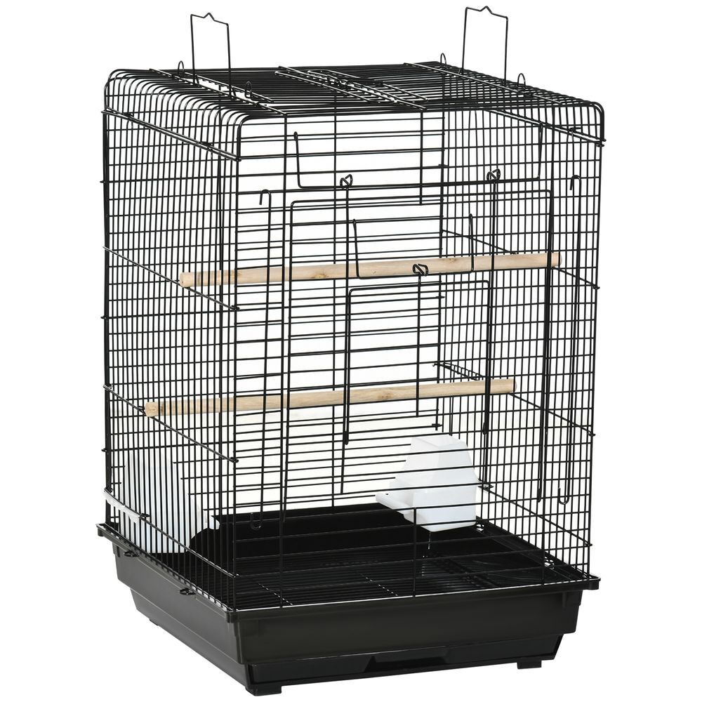 Pawhut jaula para pájaros jaula metálica de aves 40x40x59 cm con techo abatible 2 perchas 2 comederos y bandeja extraíble para canarios periquitos negro