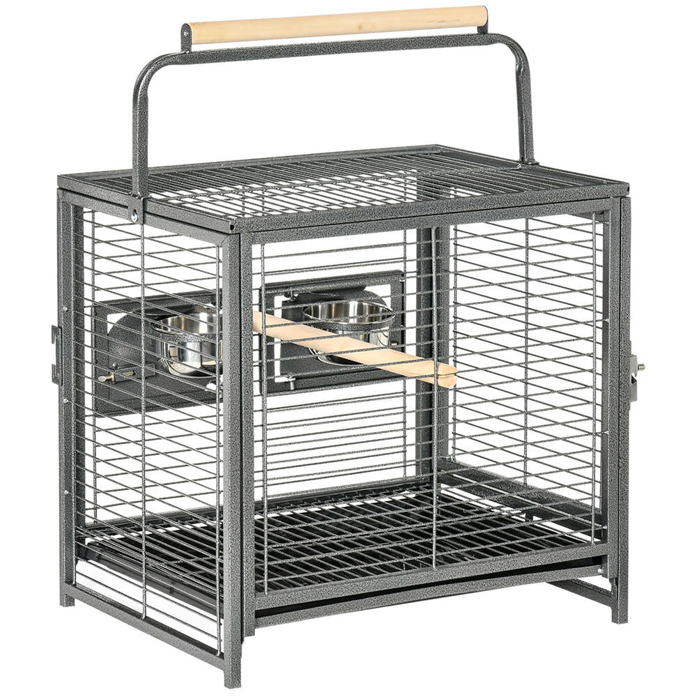 Pawhut jaula para pájaros portátil jaula para agapornis con 2 perchas de madera 2 comederos de acero inoxidable y bandeja extraíble para periquitos canarios 48x38x47,8 cm negro