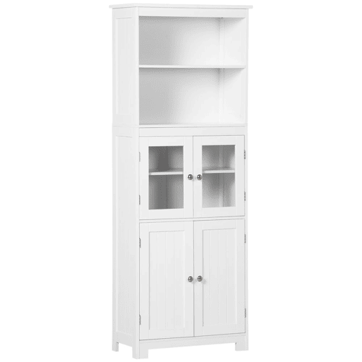 HOMCOM Armário de Cozinha com 2 Portas de Vidro Temperado 2 Prateleiras Abertas e Armário com Prateleira Ajustável para Sala de Estar 60x30x162 cm Branco