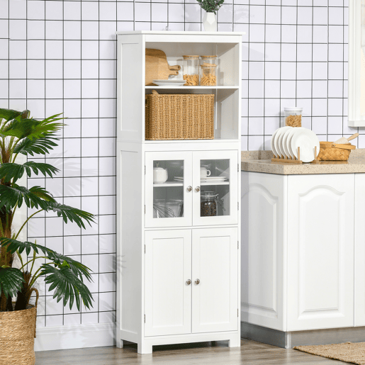 HOMCOM Armário de Cozinha com 2 Portas de Vidro Temperado 2 Prateleiras Abertas e Armário com Prateleira Ajustável para Sala de Estar 60x30x162 cm Branco