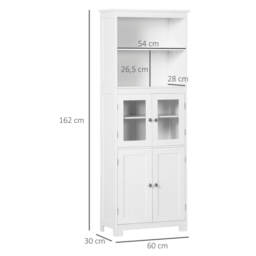 HOMCOM Armário de Cozinha com 2 Portas de Vidro Temperado 2 Prateleiras Abertas e Armário com Prateleira Ajustável para Sala de Estar 60x30x162 cm Branco