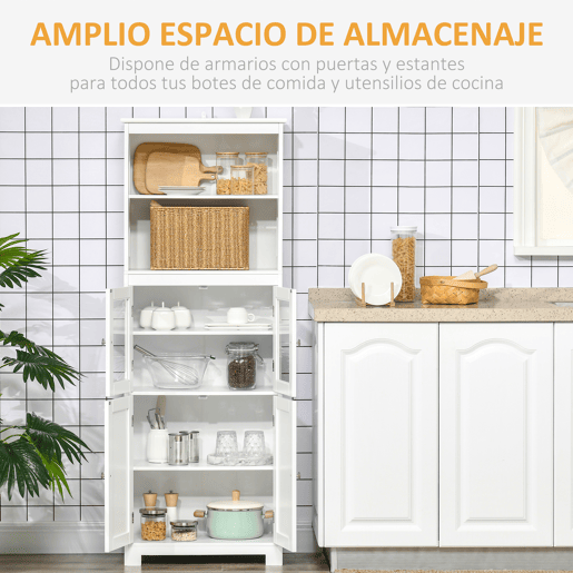 HOMCOM Armário de Cozinha com 2 Portas de Vidro Temperado 2 Prateleiras Abertas e Armário com Prateleira Ajustável para Sala de Estar 60x30x162 cm Branco