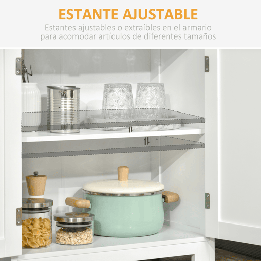 HOMCOM Armário de Cozinha com 2 Portas de Vidro Temperado 2 Prateleiras Abertas e Armário com Prateleira Ajustável para Sala de Estar 60x30x162 cm Branco