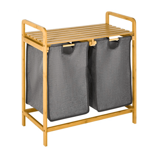 HOMCOM Cesto de Roupa de Bambu Cesto de Roupa Suja para Lavandaria com 2 Bolsas Amovíveis e Prateleira para Dormitório Casa de Banho Lavandaria 63,5x33x73 cm Madeira e Cinza
