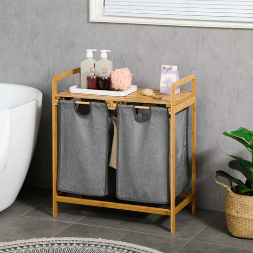 HOMCOM Cesto de Roupa de Bambu Cesto de Roupa Suja para Lavandaria com 2 Bolsas Amovíveis e Prateleira para Dormitório Casa de Banho Lavandaria 63,5x33x73 cm Madeira e Cinza