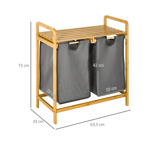 HOMCOM Cesto de Roupa de Bambu Cesto de Roupa Suja para Lavandaria com 2 Bolsas Amovíveis e Prateleira para Dormitório Casa de Banho Lavandaria 63,5x33x73 cm Madeira e Cinza