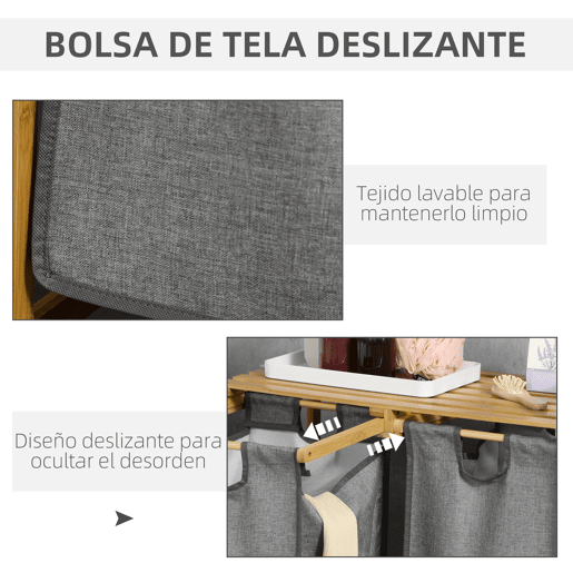 HOMCOM Cesto de Roupa de Bambu Cesto de Roupa Suja para Lavandaria com 2 Bolsas Amovíveis e Prateleira para Dormitório Casa de Banho Lavandaria 63,5x33x73 cm Madeira e Cinza