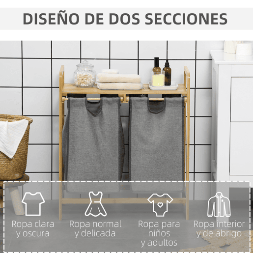 HOMCOM Cesto de Roupa de Bambu Cesto de Roupa Suja para Lavandaria com 2 Bolsas Amovíveis e Prateleira para Dormitório Casa de Banho Lavandaria 63,5x33x73 cm Madeira e Cinza