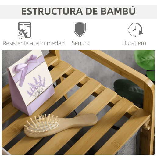HOMCOM Cesto de Roupa de Bambu Cesto de Roupa Suja para Lavandaria com 2 Bolsas Amovíveis e Prateleira para Dormitório Casa de Banho Lavandaria 63,5x33x73 cm Madeira e Cinza