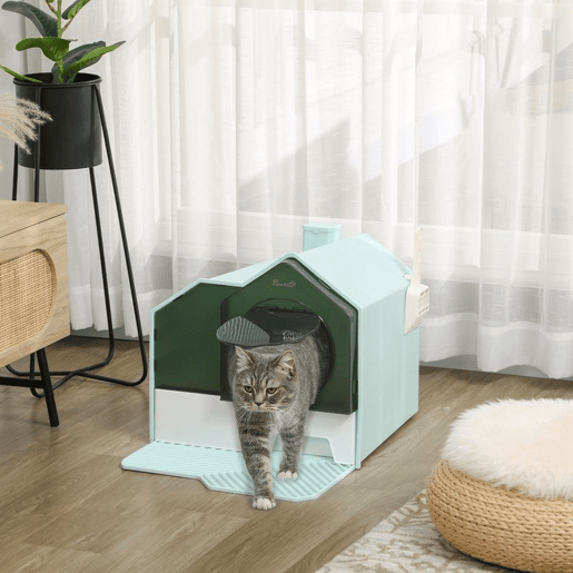 PawHut Caixa de Areia para Gatos Caixa de Areia Fechada para Gatos com Bandeja Amovível Pá e Filtro Desodorizante 47x45x42 cm Azul Claro