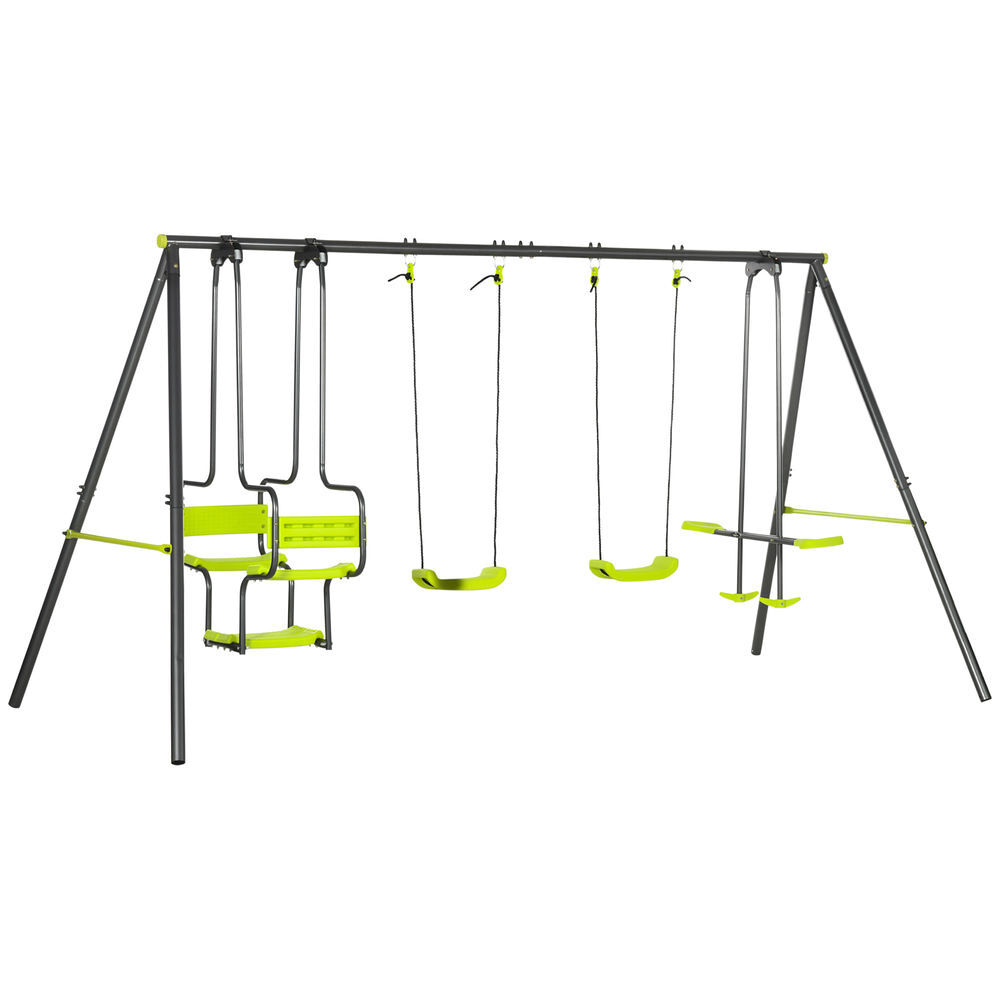 Outsunny juego de columpio infantil exterior con 2 columpios asientos abatibles balancín y marco de acero columpios para niños de 3-8 años 355x184x186 cm verde