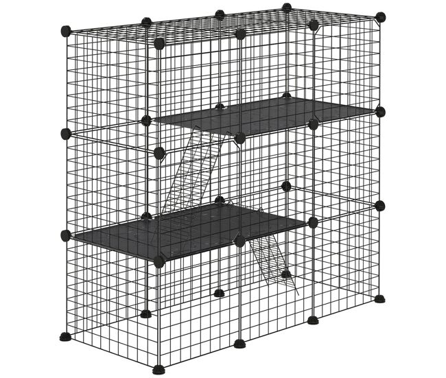 Pawhut jaula para animales pequeños de 31 paneles parque para mascotas en bricolaje con rampa corralito para gatitos conejos chinchillas 105x45x105 cm negro